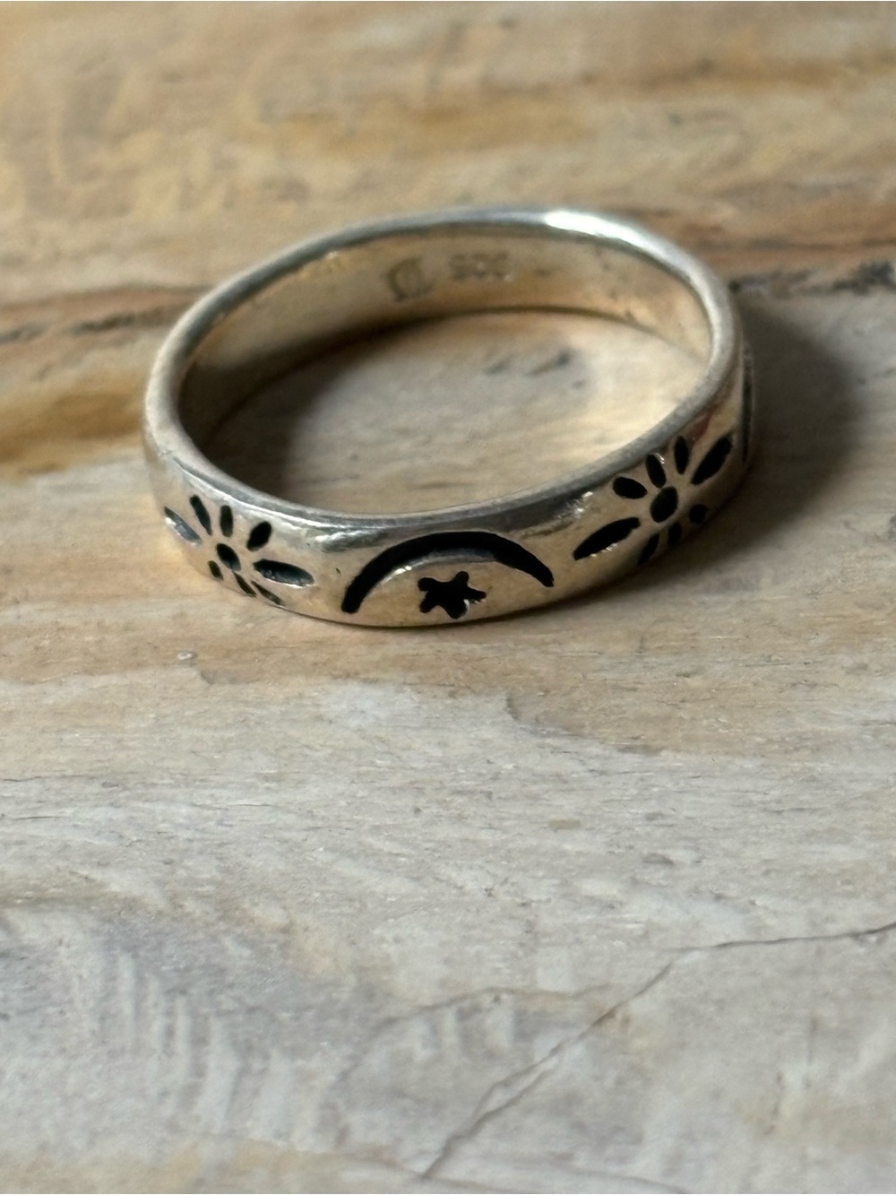 Sterling Silver Floral Star Moon Boho Stackable Band Ring